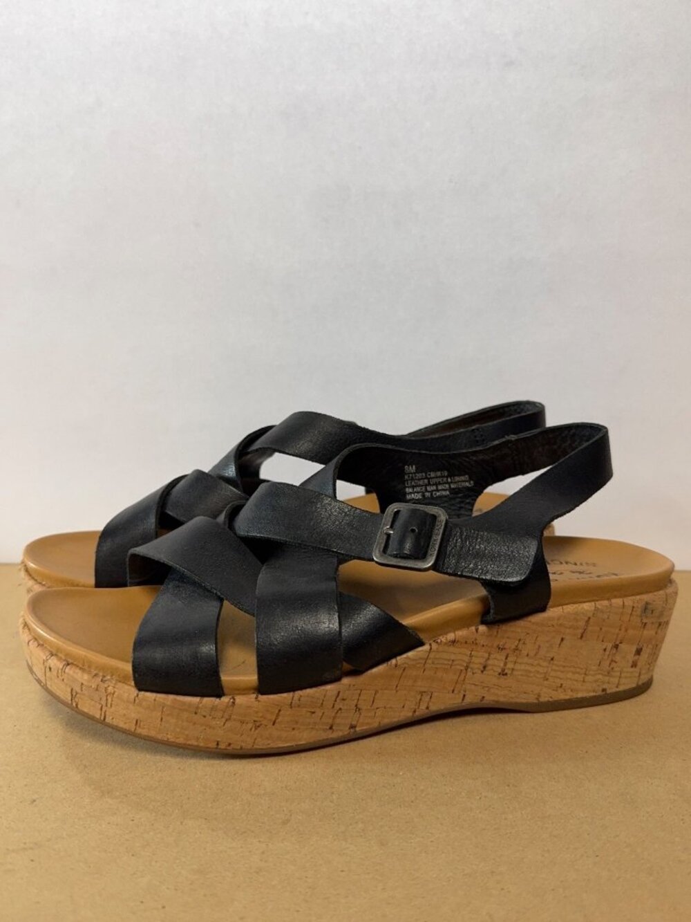 Kork-Ease Caroleigh Black Leather Cork Wedge Sandals Women's 8M Slingback Buckle